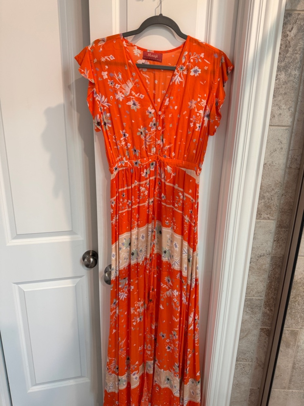 Maaji Bright Orange Floral Maxi Dress with Cream Bands